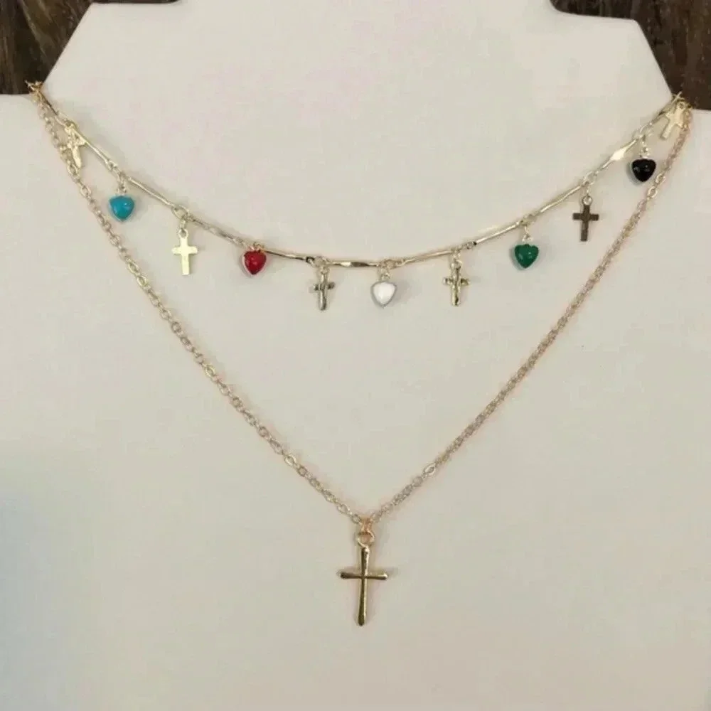 Gold Double Layer Multicolor Heart & Cross Station Choker Necklace NWT - Picture 2 of 3
